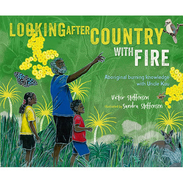 'Looking After Country with Fire' book cover featuring an illustration of a man and two children walking through grassland.