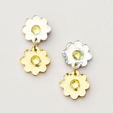 Pair of flower-shaped earrings with yellow gemstones on a light gray background.