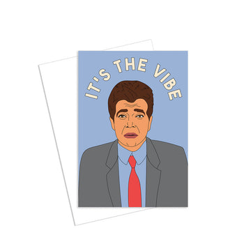 Card with an illustration of a man wearing a suit and tie, and text 'It's The Vibe' on a blue background.