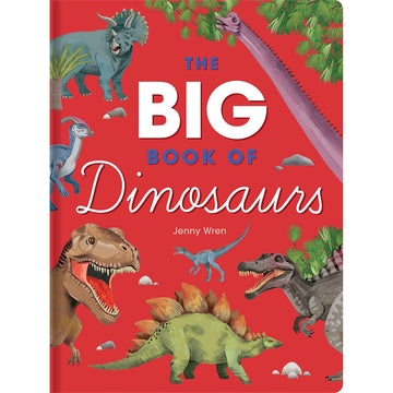 'The Big Book of Dinosaurs' book cover featuring a red background with illustrations of different dinosaurs. 