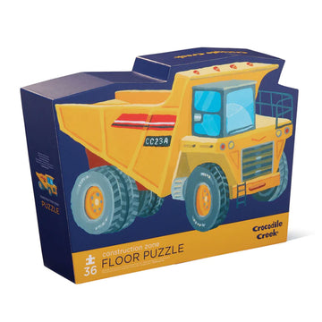 A puzzle box illustrated with a construction truck in yellow on a dark blue background.