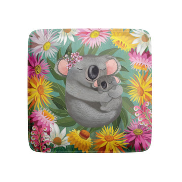 A square magnet illustrated with a koala hugging its baby with a border of flowers.