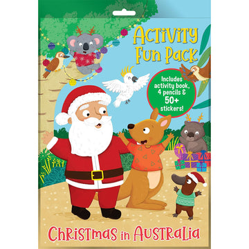 Front view of an activity pack with an illustration of Santa with Australia animals dressed up for Christmas with presents and decorations.