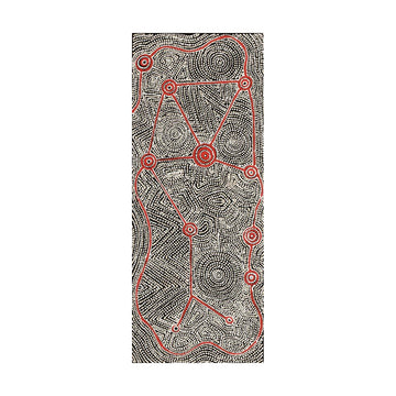 Rectangle Indigenous painting with red and black geometric pattern on a white background.