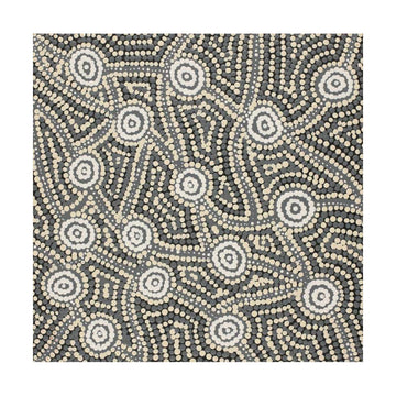 Square painting with circular designs on a plain background.