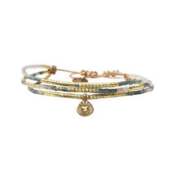 Set of gold and beaded bracelets on a white background.