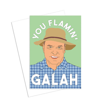 A greeting card with an illustration of a man wearing a hat with the text 'You Flamin' Galah'.