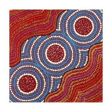 A square painting with blue dotted circles in the middle and red wavy lines.