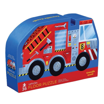 A puzzle box illustrated with a red fire engine on a blue background.