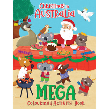 Front cover of a colouring and activity book with an illustration of Santa at a table with Australian animals celebrating Christmas with food and decorations.