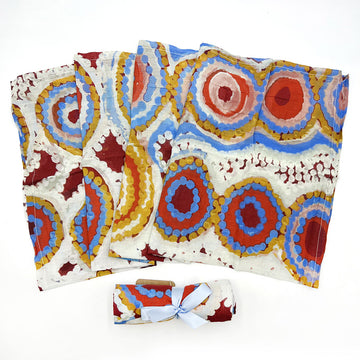 A baby swaddle pictured printed with artwork by Rama Sampson in blue, red and yellow circles. There is another baby swaddle pictured rolled up.