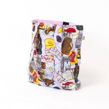 Fabric bag with colorful print on a white background.