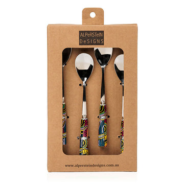 Set of four spoons with colorful handles in a cardboard packaging, featuring the brand 'Alperstein Designs'.