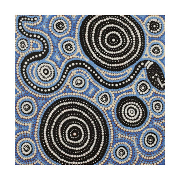 A square painting with black and white circles made from dots with a snake design.