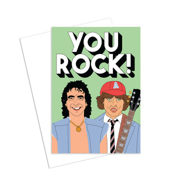 Card with illustrations of two musicians and 'You Rock!' text on a green background