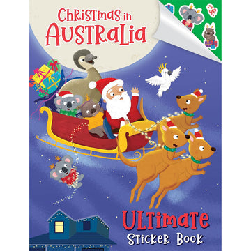 Front cover of a sticker book titled 'Christmas in Australia' with an illustration of Santa flying in his sleigh with Australian animals.