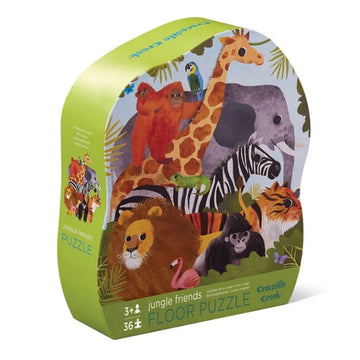 A puzzle box illustrated with animals found int he jungle including a lion, giraffe, zebra and elephant.
