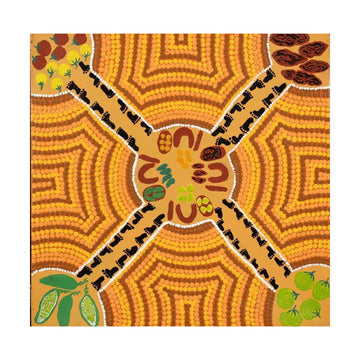  Aboriginal art with geometric patterns and symbols in yellow and brown.