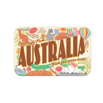 Colorful magnet with 'Greetings from Australia' text and various Australian icons on a white background.