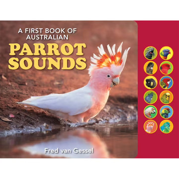 'First Book of Australian Parrot Sounds' book cover featuring a photo of a Major Mitchell cockatoo with twelve small round images of birds.