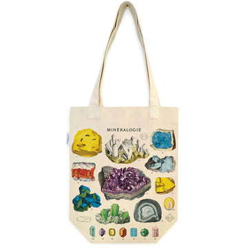 A calico tote bag illustrated with lots of different minerals in different colours.