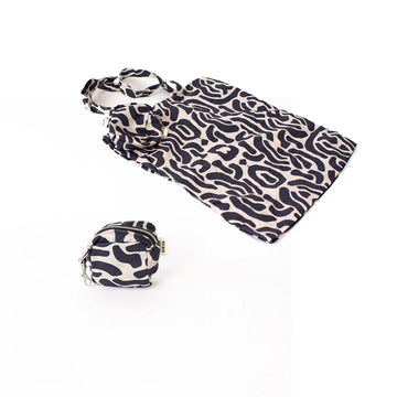 Black and white patterned tote bag and matching pouch on a white background.