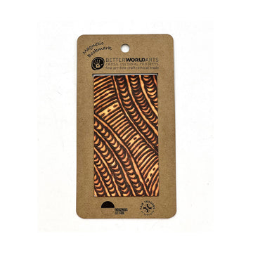 A paper bookmark printed with artwork by Cynthia Burke attached to a brown card with a magnet in the middle.