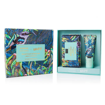 Gift set of handcream and soap with a kookaburra and leaf design packaging on a white background