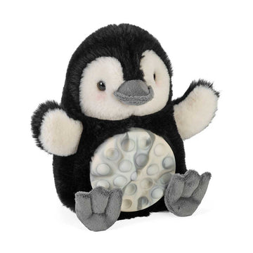 Plush penguin toy with a polka dot belly on a white background.