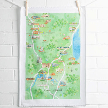 A cotton tea towel printed with an illustration of a map on Canberra wineries.