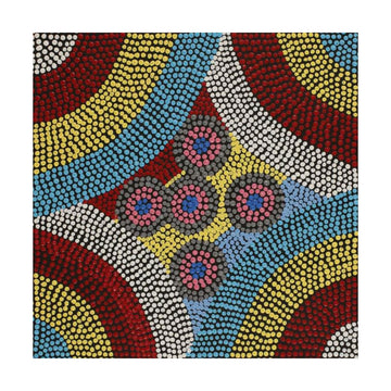 Square painting with a colourful pattern of circular designs on a white background.