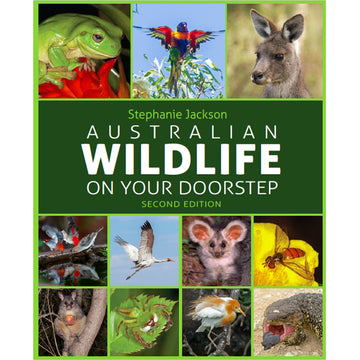 'Australian Wildlife on your Doorstep' book cover featuring a grid of photos of different animals including a frog, kangaroo, birds and a lizard.