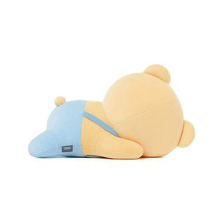 Cute plush toy bear with blue overalls on a white background.