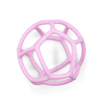 A ball shaped silicone toy with a web like design in light pink.