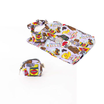 Patterned tote bag and matching pouch on a white background.
