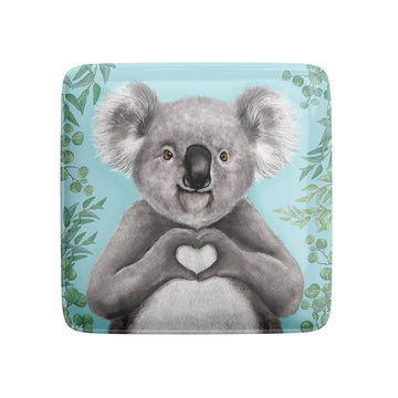 A square magnet illustrated with a koala making a heart with its hands.
