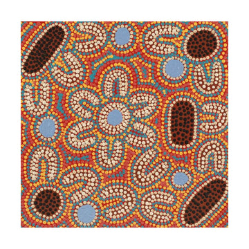 Colorful abstract painting with dots and circles on a white background.