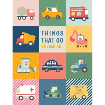 Front cover of a sticker book titled 'Things That Go Sticker Art' with illustrations of different vehicles.
