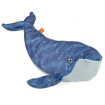 Blue whale plush toy on a white background.