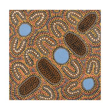  Aboriginal art painting with dots in various colors on a white background.