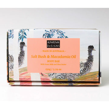 Body bar packaging with emu design and 'Alperstein Designs' branding on a white background.