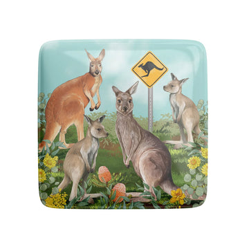 A square magnet illustrated with four kangaroos , flowers and a kangaroo sign.