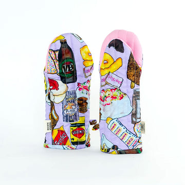 Colorful oven mitts with a illustrations of food and drinks on a white background.