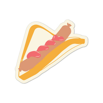 Magnet with an illustration of a hot dog with mustard and ketchup on a white background.