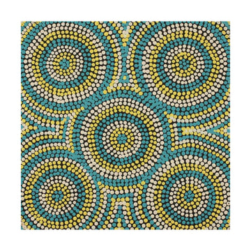 Square Indigenous painting with circular designs in teal, yellow, and beige on a white background.