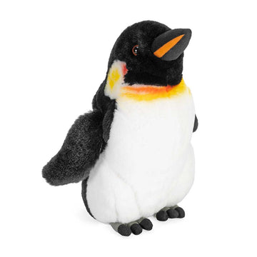 Plush penguin toy on a white background.