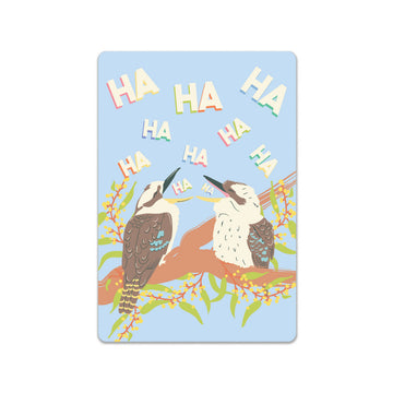 Card with two birds on a branch and 'HA HA HA' text on a light blue background.