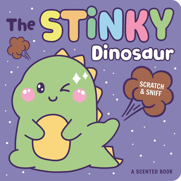 'The Stinky Dinosaur' book cover featuring an illustration of a smelly green dinosaur.