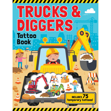 Front view of a book titled 'Trucks and Diggers Tattoo Book' with an illustration of a person operating a digger.