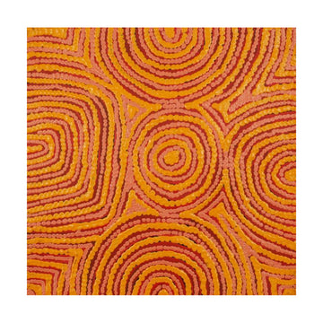 A square painting with red and orange circles.